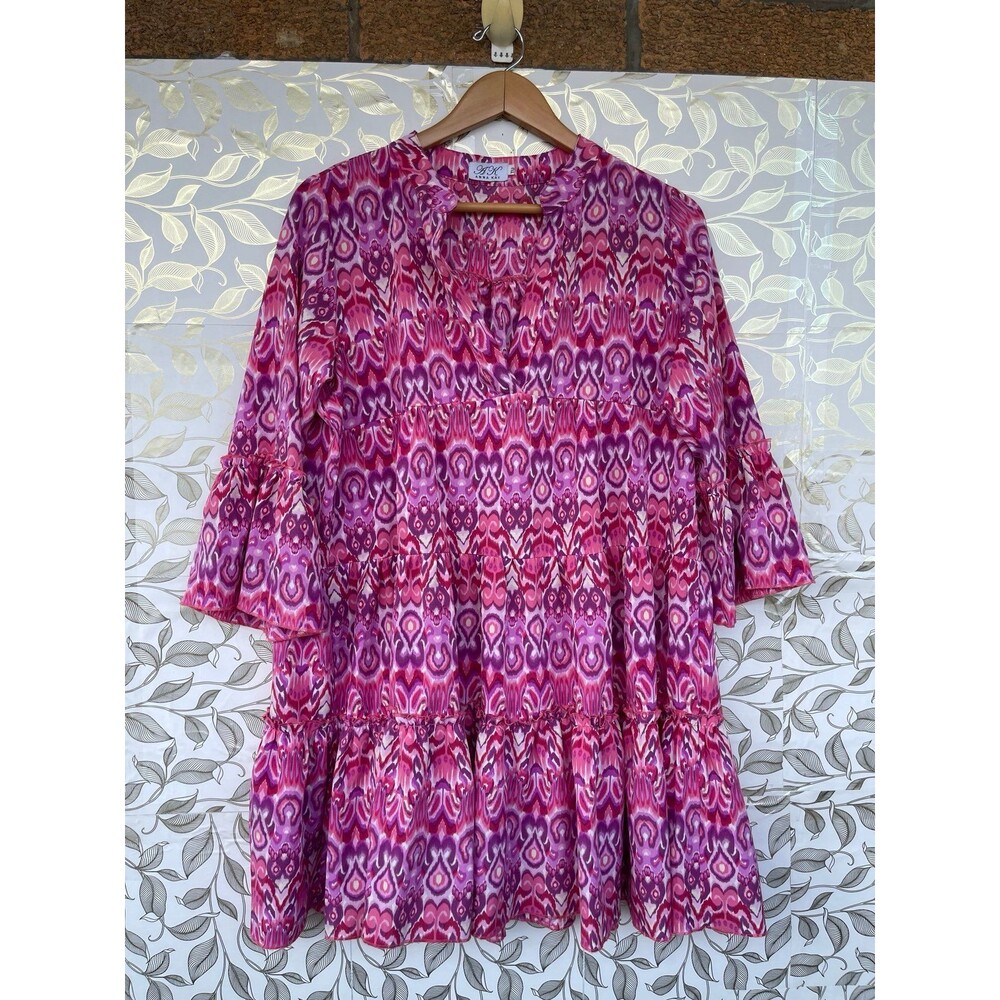 Anna Kay Pink Ikat Tiered Boho Dress Size TU Free Size Bohemian Flowy Tunic